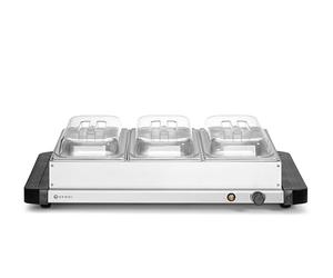 HENDI Chauffe-plats électrique pour buffet, réchauffeur d'aliments avec 3 bacs GN 1/3 avec couvercle, 40-75 °C, 400 W, démontable comme plaque chauffante, 657x381x(H)161 mm, inox
