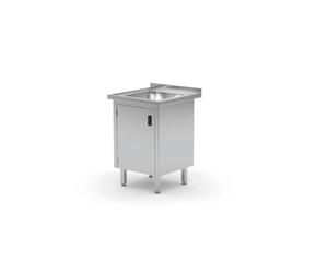 HENDI Évier de cuisine, simple, soudé, avec meuble bas et porte à charnière à gauche, évier: 400x400x(H)250 mm, orifice pour robinet ø30 mm, évacuation ø50 mm, 600x700x(H)850 mm, acier inoxydable