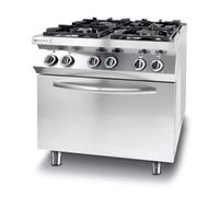 HENDI Fourneau à gaz professionnel avec 4 brûleurs (19 kW) et four électrique à convection intégré GN 1/1, espace de rangement, pour gaz naturel (kit GPL inclus), 230V/3000W, 800x700x(H)900mm, inox