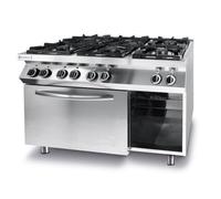 HENDI Fourneau à gaz professionnel avec 6 brûleurs (28,5kW) et four électrique à convection intégré GN 1/1, espace de rangement, pour gaz naturel (kit GPL inclus), 230V/3000W, 1200x700x(H)900mm, inox