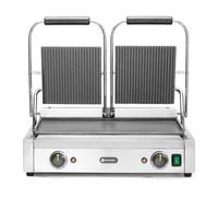 HENDI Gril de Contact Électrique Double, Plaque Panini Professionnel, Plaques Lisse et Rainurées en Fonte Émaillée, 230V, 3600W, 570x375x(H)216mm, Acier Inoxydable