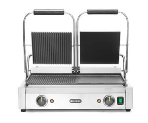 HENDI Gril de Contact Électrique Double, Plaque Panini Professionnel, Plaques Lisse et Rainurées en Fonte Émaillée, 230V, 3600W, 570x375x(H)216mm, Acier Inoxydable