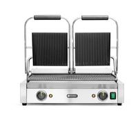 HENDI Gril de Contact Électrique Double, Plaque Panini Professionnel, Plaques Rainurées en Fonte Émaillée, 230V, 3600W, 570x375x(H)216mm, Acier Inoxydable