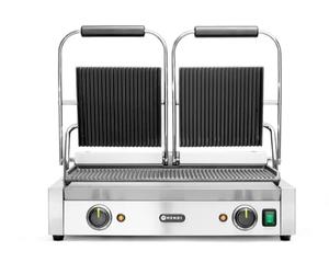HENDI Gril de Contact Électrique Double, Plaque Panini Professionnel, Plaques Rainurées en Fonte Émaillée, 230V, 3600W, 570x375x(H)216mm, Acier Inoxydable