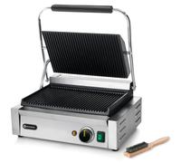 HENDI Gril de Contact Électrique, Plaque Panini Professionnel, Plaques Rainurées en Fonte Émaillée, 230V, 2200W, 430x375x(H)216mm, Acier Inox