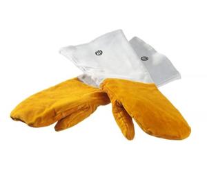 HENDI Moufles de Barbecue, 1 Paire, Résistantes à la Chaleur Jusqu’à 100°C, en Cuir de Vachette, Gants de Protection Thermiques pour Four, Grill ou Cuisine, 46cm, Jaune Moutarde et Gris