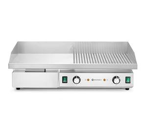 HENDI Plancha à griller électrique mixte 1/2 lisse et 1/2 rainurée, plaque de cuisson, grill barbecue avec tiroir à graisse amovible, température jusqu’à 300°C, 400V, 4400W, 720x460x(H)241mm, inox