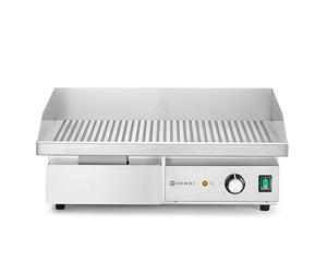 HENDI Plancha à griller électrique rainurée, plaque de cuisson, grill barbecue avec tiroir à graisse amovible, température jusqu’à 300°C, 220V, 3000W, 550x430x(H)240mm, inox