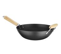HENDI Poêle Wok avec manche en bois de caoutchouc, convient à toutes sources de chaleur, fond: ø110mm, revêtement antiadhésif naturel après le culottage, 565x324x(H)160mm, acier au carbone