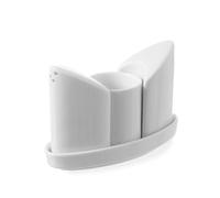 HENDI Set Salière, Poivrière et Porte-cure-dents avec Plateau en Porcelaine Blanche, Ensemble de 4 Pièces, Outils de Cuisine pour Servir le Sel, le Poivre et les Cure-dents, 125x54x(H)90mm