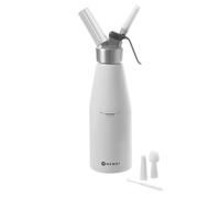 HENDI Siphon à Chantilly, avec 3 Douilles en polypropylène Ainsi Que 1 Brosse de Nettoyage, pour mousses, Desserts et sauces, Siphon à crème, 950ml, ø95x(H) 320mm, Aluminium, Blanc