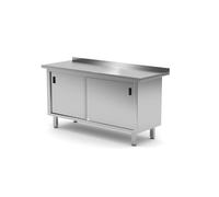HENDI Table de travail armoire murale, cabinet table, meuble bas avec plan de travail, meuble de cuisine, armoire, soudée, portes coulissantes, avec un dosseret, 1600x600x(H)850 mm, acier inoxydable