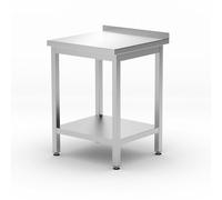 HENDI Table de travail murale, plan de travail renforcé, avec étagère, vissée, pieds réglables, pour hôtels, restaurants, bars, cuisines, dosseret de 40 mm, 600x600x(H)850 mm, acier inoxydable.
