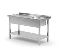 HENDI Table en acier inoxydable avec évier et étagère, vissée, à monter soi-même, plan de travail cuisine, pieds réglables, orifice pour robinet Ø30 mm, évacuation Ø50 mm, 1000x600x(H)850 mm
