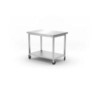 HENDI Table mobile avec 1 étagère vissée, table de cuisine, plan de travail insonorisé, pieds de profils, 4 roulettes pivotantes ø125 mm, 2 avec frein, acier inoxydable AISI 430, 1000x700x(H)850mm