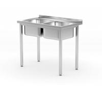 HENDI Table vissée avec 2 éviers, auto-assemblable, pieds de profilés réglables, trou pour robinet Ø30 mm et vidange Ø50 mm, 1000x600x(H)850mm, acier inoxydable