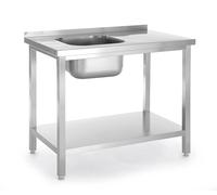 HENDI Table vissée avec évier, étagère inférieure fixe, auto-assemblable, pieds en profilés, trou pour robinet Ø30 mm et vidange Ø50 mm, 1000x600x(H)850 mm, inox