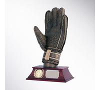 Henecka Coupe de football, figurine en résine, gant de gardien de but trophée, bronze, or vieilli et socle DKL, rouge, avec gravure au choix et emblème sportif individuel