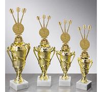 Henecka Dartsportbeker naar keuze in 4 maten, dartpijl-trofee, Dart beker Goud OP zware marmeren sokkel, met Gravure naar wens (figuurcup Darts 349 mm marmer 65 x 30 mm, Wit)