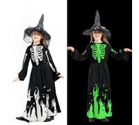 HenfuME Costume Squelette, DéGuisement Squelette Enfant, Costume De SorcièRe Pour Enfants, Costume D'Halloween Pour Filles, Glow In The Dark, Pour Halloween, Carnaval, Cosplay M