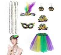 HenfuME DéGuisement AnnéE 80 Accessoire Femme,10 Pcs DéGuisement Carnaval Femme,Tutu Vert Femme,Couvre-Chef,Bracelet,Masque Costume Carnaval SoiréE Carnaval Femme Fille,FêTe NéOn Soiree.