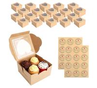 HENGBIRD 20 Pièces Boîte Cupcake 4 Pouces Marron, Boîtes de Boulangerie avec Fenêtre, Boîte à Biscuits en Carton Pliable avec 24 Autocollants pour Gâteaux, Cookies, Muffins, Macarons, Fêtes et Cadeaux