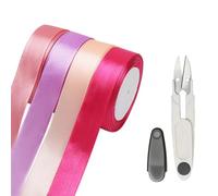 HENGBIRD 4 rouleaux ruban satin rose avec ciseaux 25 mm x 22,8 m ruban rose poudré rubans rose adapté pour emballer des cadeaux d'anniversaire, de mariage, de fleurs, de cadeaux de Noël