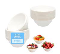 HENGBIRD 50 Pièces Vaisselle Jetable Bol 260ML Écologique Saladier Soupe Dessert Biodégradable Compostable en Sugarcane Bagasse Blanc