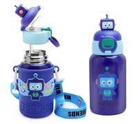 HENGBIRD Gourde Enfant Inox 450ml avec Paille - Bouteille Isotherme Étanche Robot avec Housse & Sangle Réglable - Gourde Antifuite BPA Free pour École, Maternelle, Garçon & Fille