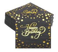 HENGBIRD Lot de 40 serviettes d'anniversaire Happy Birthday, serviette en aluminium noir, or noir pour fête prénatale, garçon, fille, fête d'anniversaire