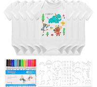 HENGBIRD Lot de 8 bavoirs Body Bébé à colorier pour bébé Avec 8 Bodies manches courtes (38 x 21 cm) 5 pochoirs pour fête prénatale 14 stylos
