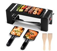 Hengbo Appareil a Raclette 2 Personnes 350W, Mini Raclette für 1 à 2 Personen, avec 2 Poêlons et 2 Spatules, Compact, Plug & Share, avec Revêtement Antiadhésif et Facile a Nettoyer, Noir