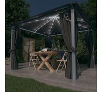 HengCaDa Tonnelle avec rideaux et guirlande lumineuse LED - 3 x 3 m - Anthracite - En aluminium - Résistant aux intempéries - Toit de protection avec lumières solaires - Pour événements en plein air