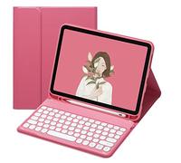 HENGHUI Étui avec clavier pour iPad 9e/8e/7e génération 10.2, Air 3{^>e<^} génération, Pro 10,5" - Jolie housse de clavier BT amovible sans fil de couleur ronde (rose foncé)
