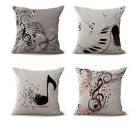 Hengjiang 4 pièces Housse de Coussin Motif Musique Note de Musique Peinture Coton Lin 18 x 18/45 x 45 cm