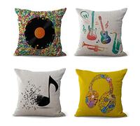 Hengjiang 4 pièces Housse de Coussin pour fête Musicale avec Disque de Musique, Notes de Musique, Peinture en Coton et Lin 18 x 18 x 45 cm