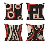 Hengjiang - Housse de Coussin rétro géométrique Rouge Noir Double Side - Taie d'oreiller en Coton et Lin - 45 x 45 cm - 4 pièces