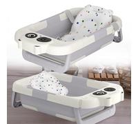HENGMEI Baignoire pour bébé, pliable, avec coussin d'assise, portable, pour bébé, bleu clair (écran numérique + tapis de bain)