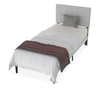 HENGMEI Cadre de lit rembourré 90 x 200 cm avec tête de lit et sommier à lattes, plate-forme en métal, base de matelas, lin, gris clair