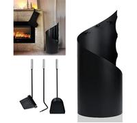 HENGMEI Ensemble de cheminée noir avec poignée en acier inoxydable 4 pièces avec brise-vue, pelle à cendres, balai, tisonnier