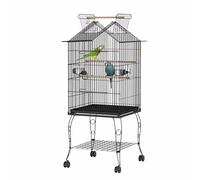 HENGMEI Grande volière pour oiseaux, perroquets, canaris, avec support, roulettes, noire, 55 x 55 x 145 cm (avec toit ouvert)