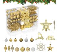 HENGMEI Lot de 108 boules de Noël en plastique avec étoile et dentelle - Décoration de Noël à suspendre - Doré