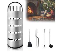 HENGMEI Lot de 5 accessoires de cheminée en acier inoxydable avec support, balai, pince, tisonnier, pelle à cendres pour poêle à bois, argenté