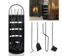 HENGMEI Lot de 5 accessoires de cheminée en acier inoxydable avec support, balai, pinces, tisonnier et pelle à cendres pour poêle à bois Noir