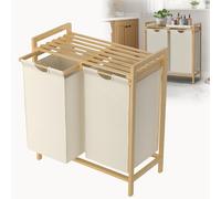 HENGMEI Panier à linge en bambou à 2 compartiments avec étagère - Panier à linge amovible - Pour chambre à coucher, buanderie (beige)