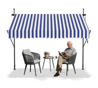 HENGMEI Store de balcon - 200 x 120 cm - Sans perçage - Avec manivelle - Protection solaire - Résistant aux UV - Réglable en hauteur - Pour terrasse et balcon - Bandes bleues et blanches