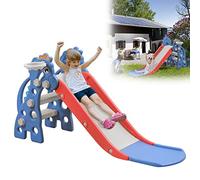 HENGMEI Toboggan autonome 3 en 1 pour enfants avec cadre d'escalade, toboggan pour enfants et panier de basket pour enfants à partir de 1 an, toboggan de jardin, toboggan à jouets, bleu (135 x 55 x 67