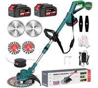 Hengriacly Débroussailleuse avec batterie 21 V, batterie de débroussailleuse, avec brosse anti-mauvaises herbes, batterie - Avec 2 batteries 4,0 Ah et chargeur, moteur sans balais 750 W (bleu)