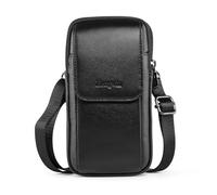 hengwin Sacs multifonctions en cuir véritable à double fermeture éclair pour homme, look vintage, sac à bandoulière, sac de ceinture pour téléphone portable, étui de téléphone pour voyage (Noir)