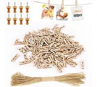 Hengxinc Lot de 168 Mini Pince à Linge 25MM Mini Pince à Linge Mariage Petite Epingle en Bois pour Photo pour Polaroid Photo avec 10M Corde de Jute DIY Mini Epingle en Bois Photo (Naturel)